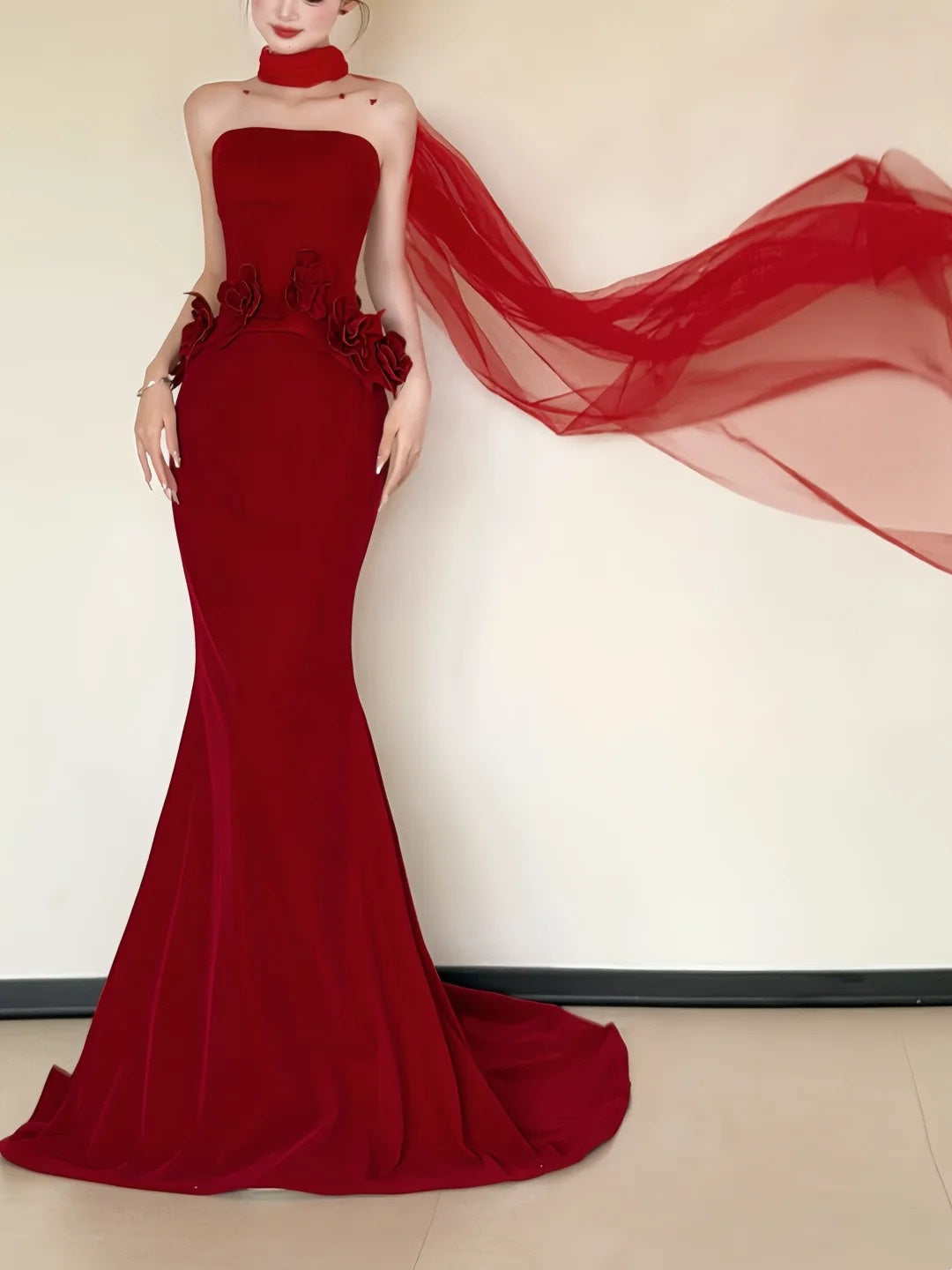 Modern Strapless Red Prom Dress With Scarf Appliques Mermaid Evening Dress CY0036