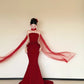 Modern Strapless Red Prom Dress With Scarf Appliques Mermaid Evening Dress CY0036