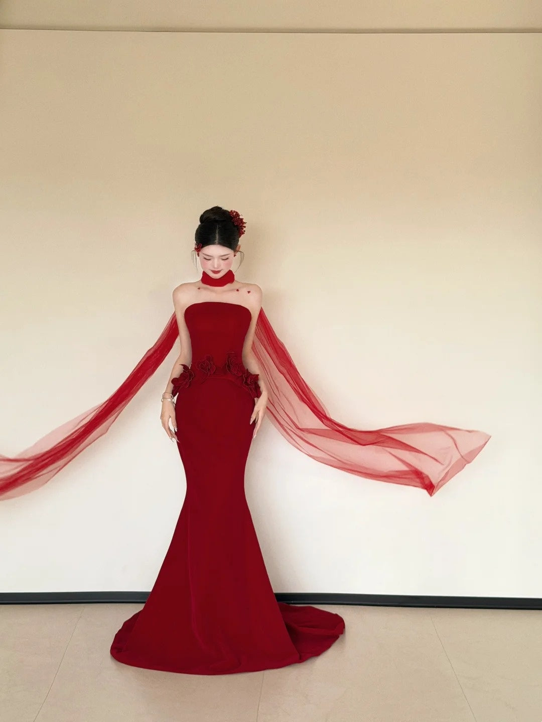 Modern Strapless Red Prom Dress With Scarf Appliques Mermaid Evening Dress CY0036