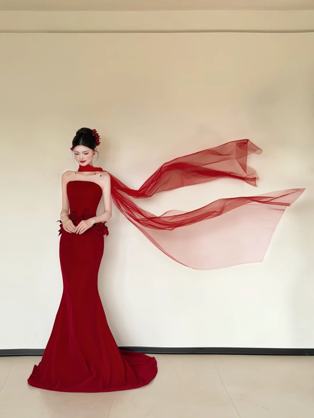 Modern Strapless Red Prom Dress With Scarf Appliques Mermaid Evening Dress CY0036