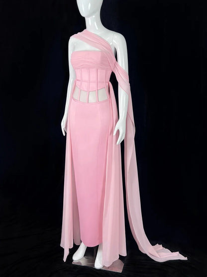 Y2K Style One Shoulder Sheath Prom Dress Pink Evening Dress CY0039