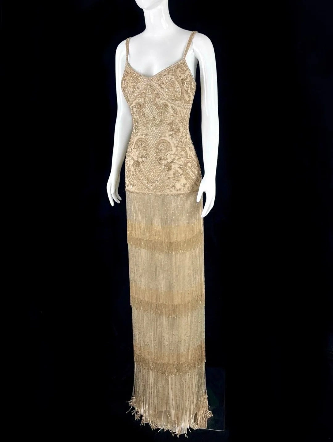 Attractive Spaghetti Straps Gold Prom Dress Tassel Sequins Evening Dress CY0040
