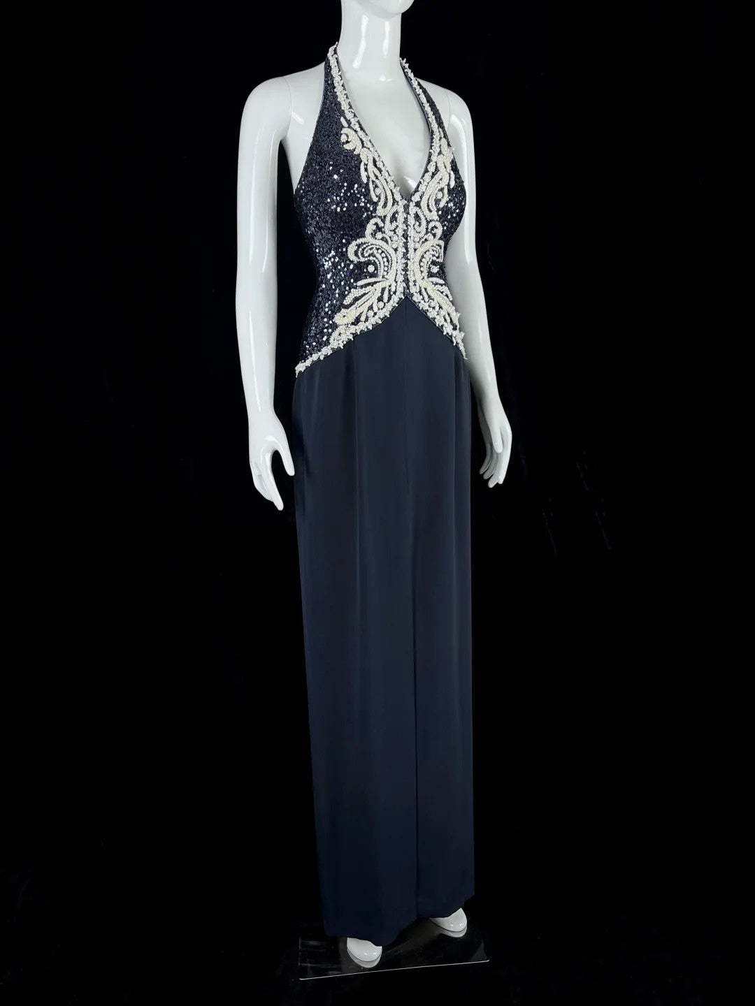 Pretty Halter Neck Navy Blue Prom Dress Appliques Sequins Sheath Evening Dress CY0042