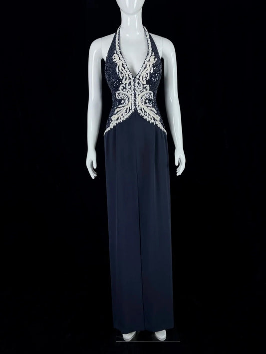 Pretty Halter Neck Navy Blue Prom Dress Appliques Sequins Sheath Evening Dress CY0042