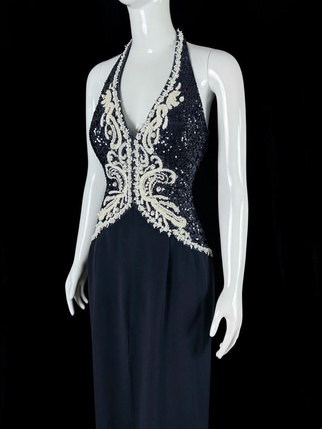 Pretty Halter Neck Navy Blue Prom Dress Appliques Sequins Sheath Evening Dress CY0042