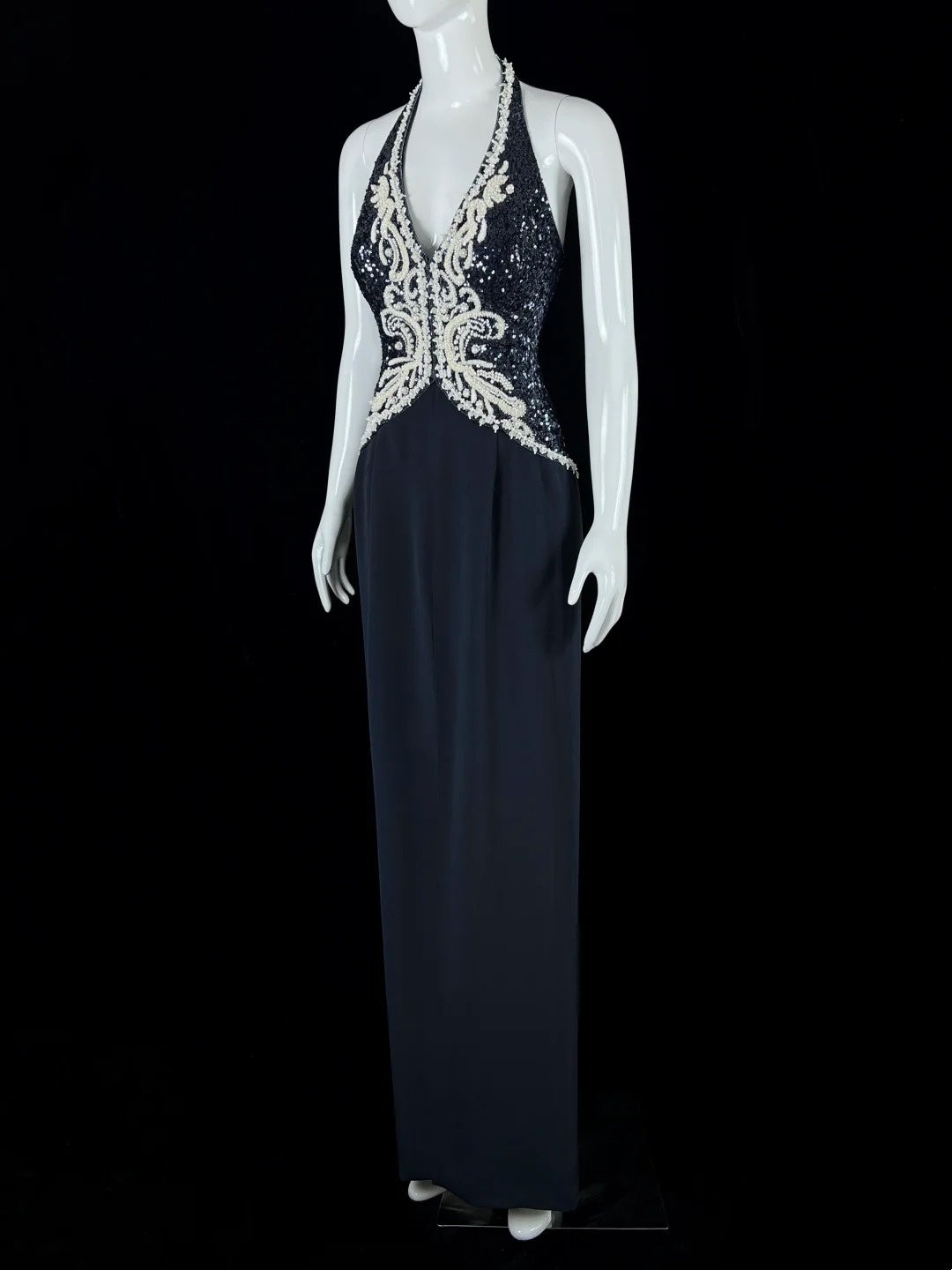 Pretty Halter Neck Navy Blue Prom Dress Appliques Sequins Sheath Evening Dress CY0042