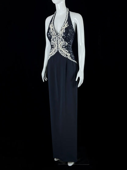 Pretty Halter Neck Navy Blue Prom Dress Appliques Sequins Sheath Evening Dress CY0042