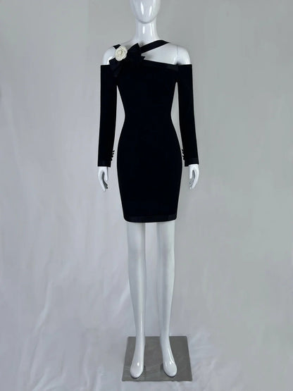 Playful Sheath Black Homecoming Dress Bow Floral Long Sleeve Short Dress CY0044