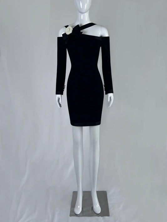 Playful Sheath Black Homecoming Dress Bow Floral Long Sleeve Short Dress CY0044