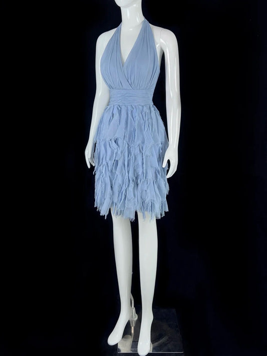 Beautiful Halter Neck Blue Homecoming Dress Ruffles A-Line Short Dress CY0047