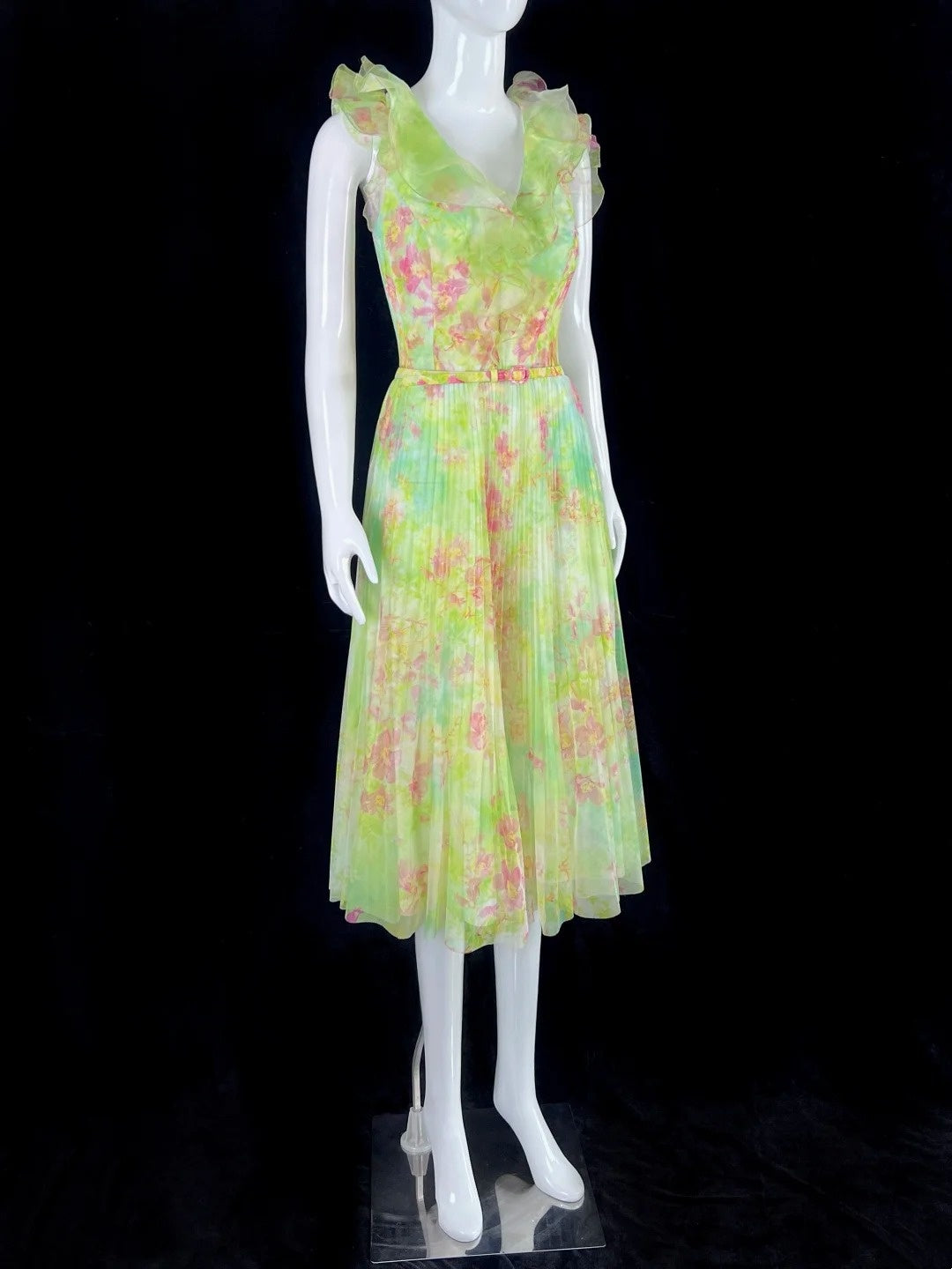Fascinating Ruffled V Neck Floral Prom Dress With Belt Pleated A-Line Evening Dress CY0048
