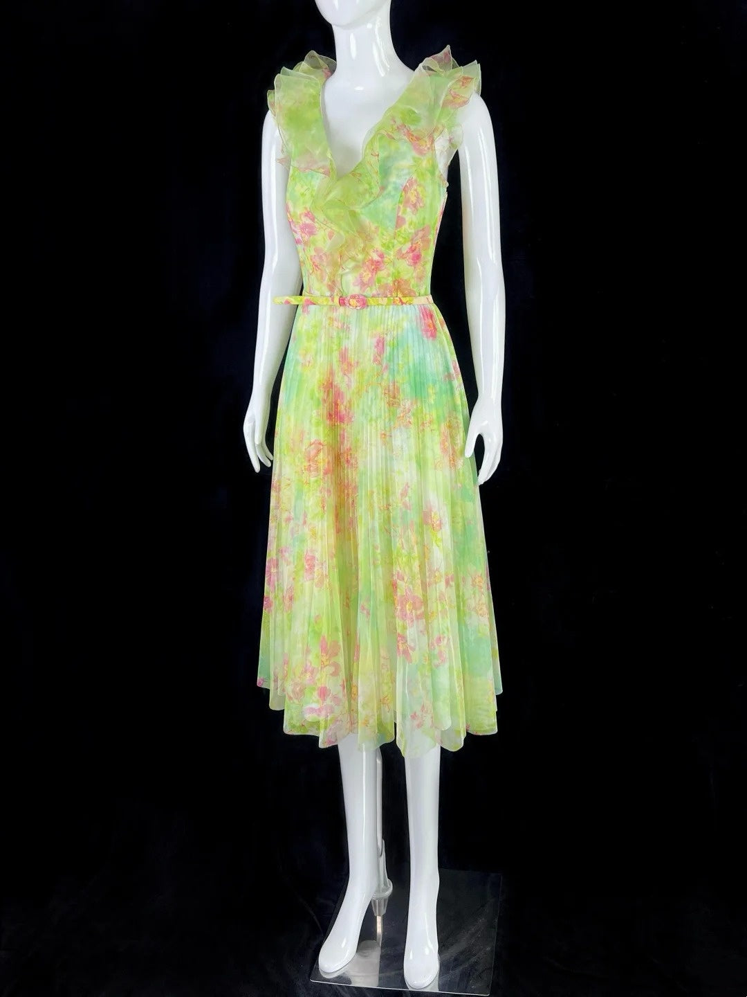 Fascinating Ruffled V Neck Floral Prom Dress With Belt Pleated A-Line Evening Dress CY0048