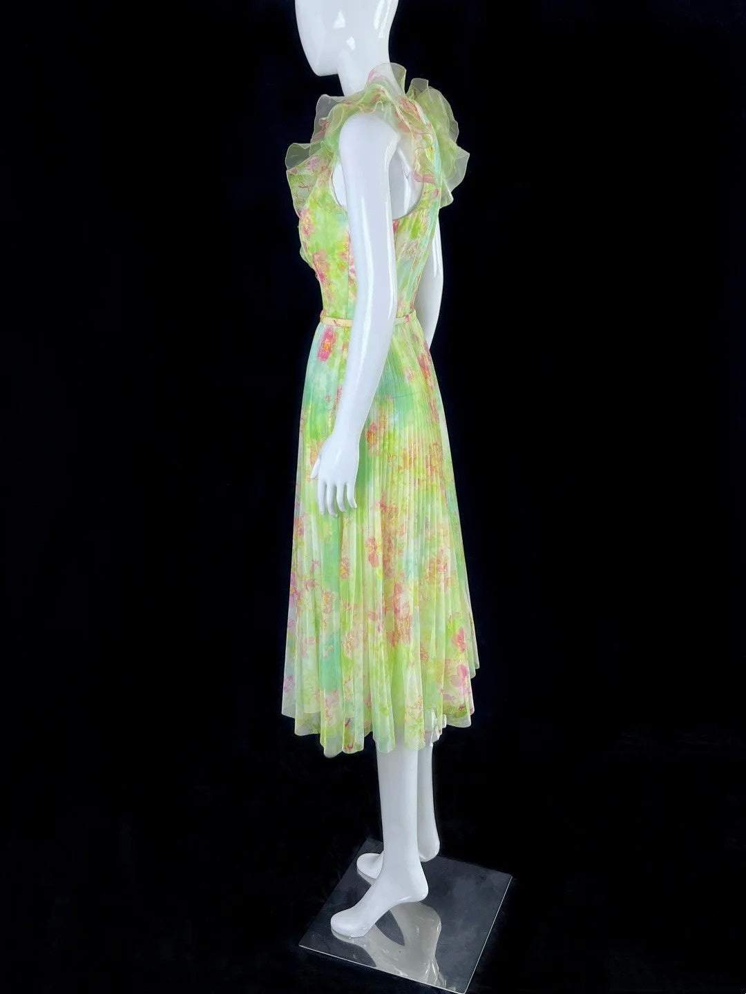 Fascinating Ruffled V Neck Floral Prom Dress With Belt Pleated A-Line Evening Dress CY0048
