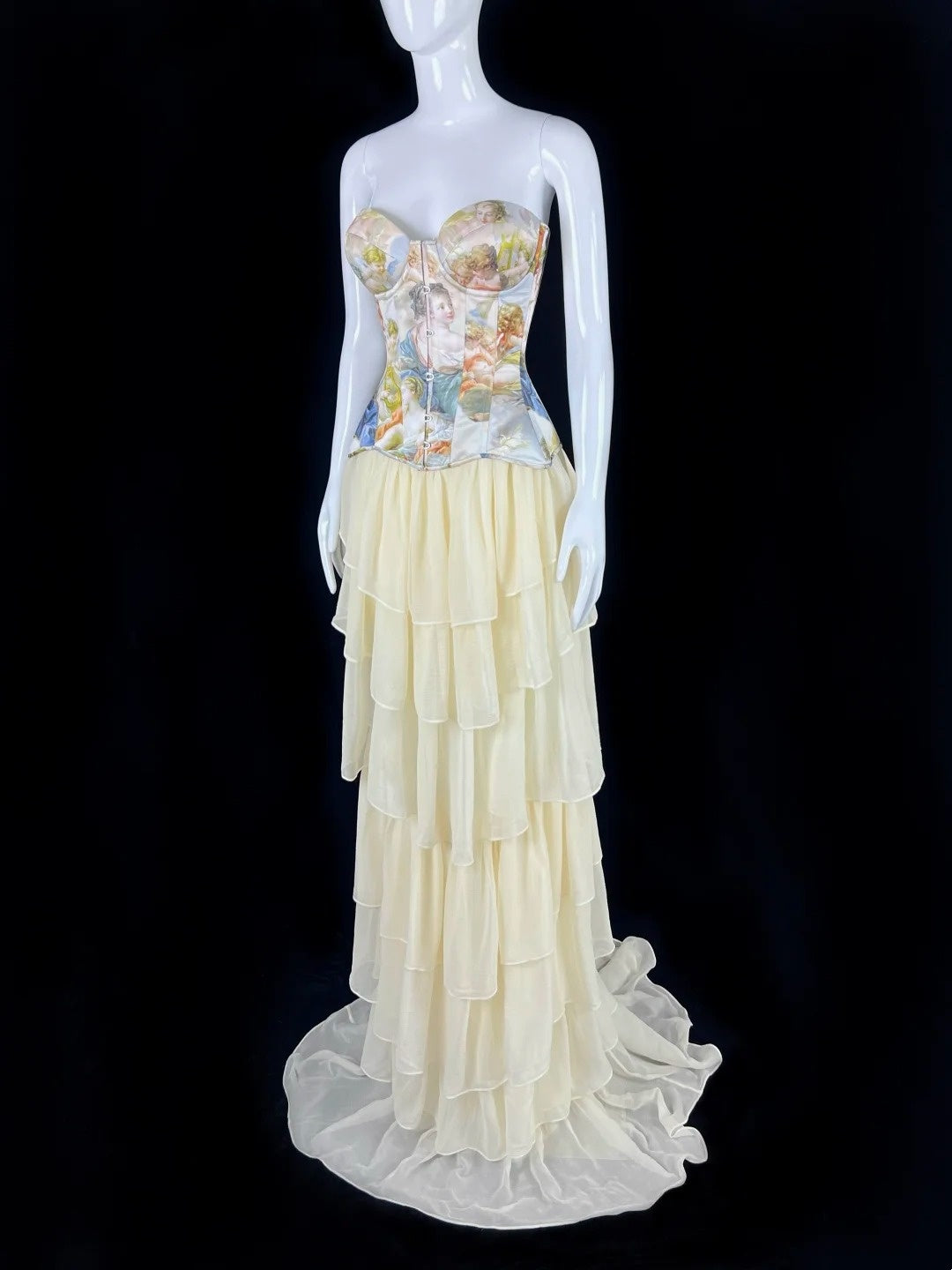 Classy Strapless Printed Bodice Prom Dress Tiered A-Line Evening Dress CY0049