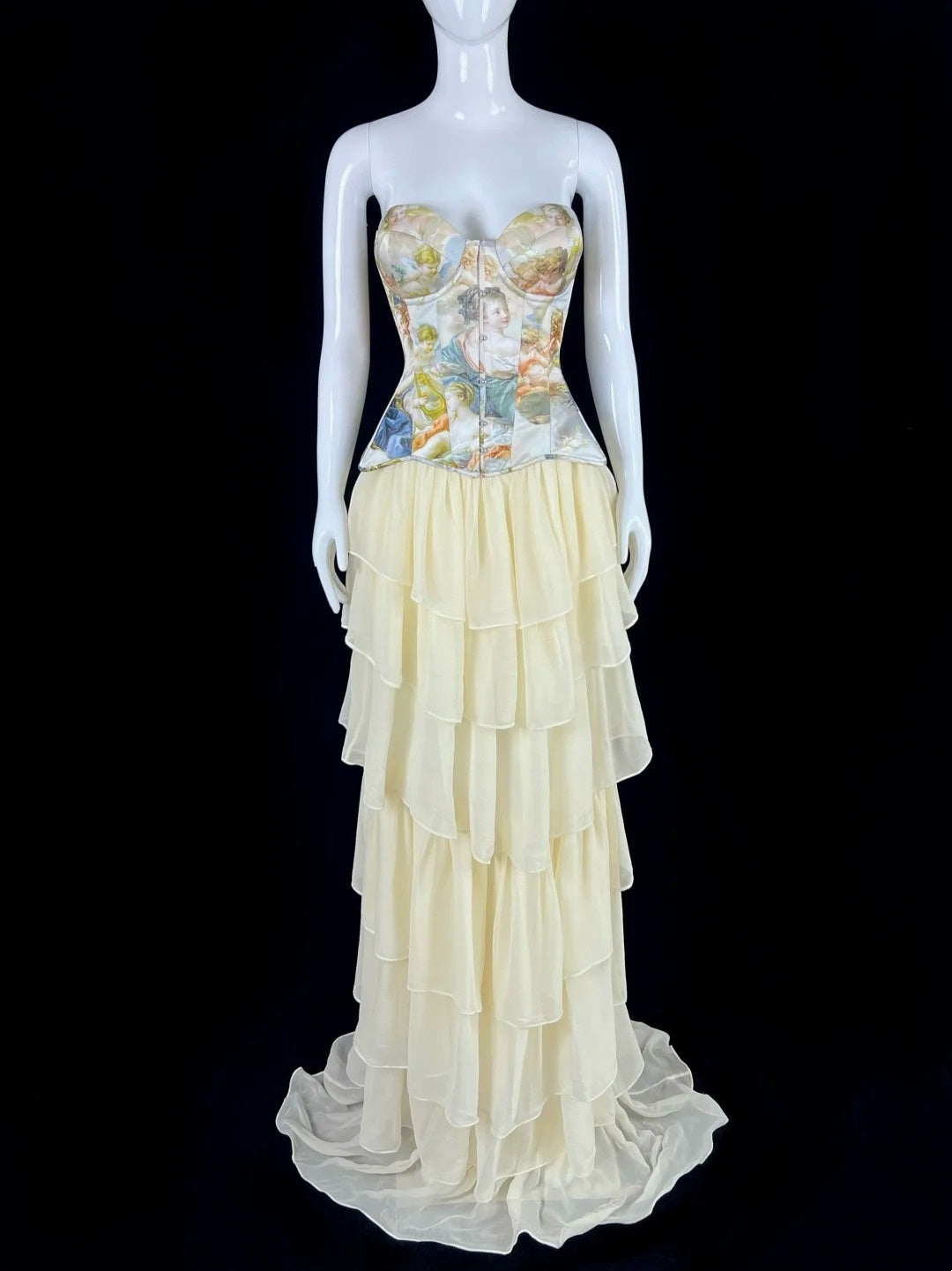 Classy Strapless Printed Bodice Prom Dress Tiered A-Line Evening Dress CY0049