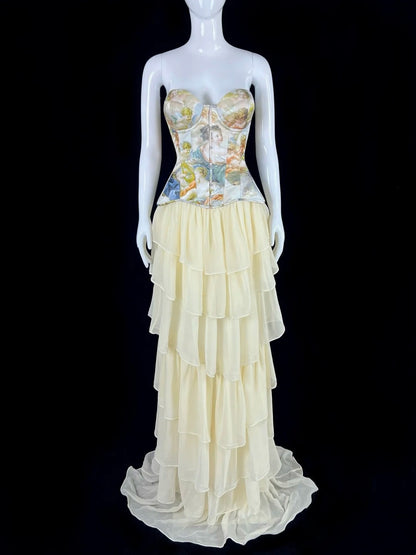 Classy Strapless Printed Bodice Prom Dress Tiered A-Line Evening Dress CY0049