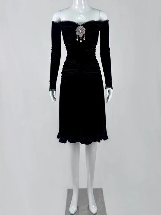 Sparkly  Ruffles Black Homecoming Dress Off-the-Shoulder Sheath Crystals Short Dress CY0050