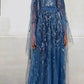 Sweet V Neck Long Sleeve Blue Prom Dress Sequins Tulle A-Line Evening Dress CY0055