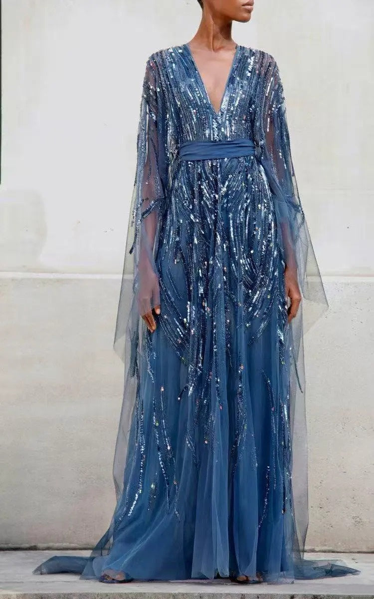 Sweet V Neck Long Sleeve Blue Prom Dress Sequins Tulle A-Line Evening Dress CY0055