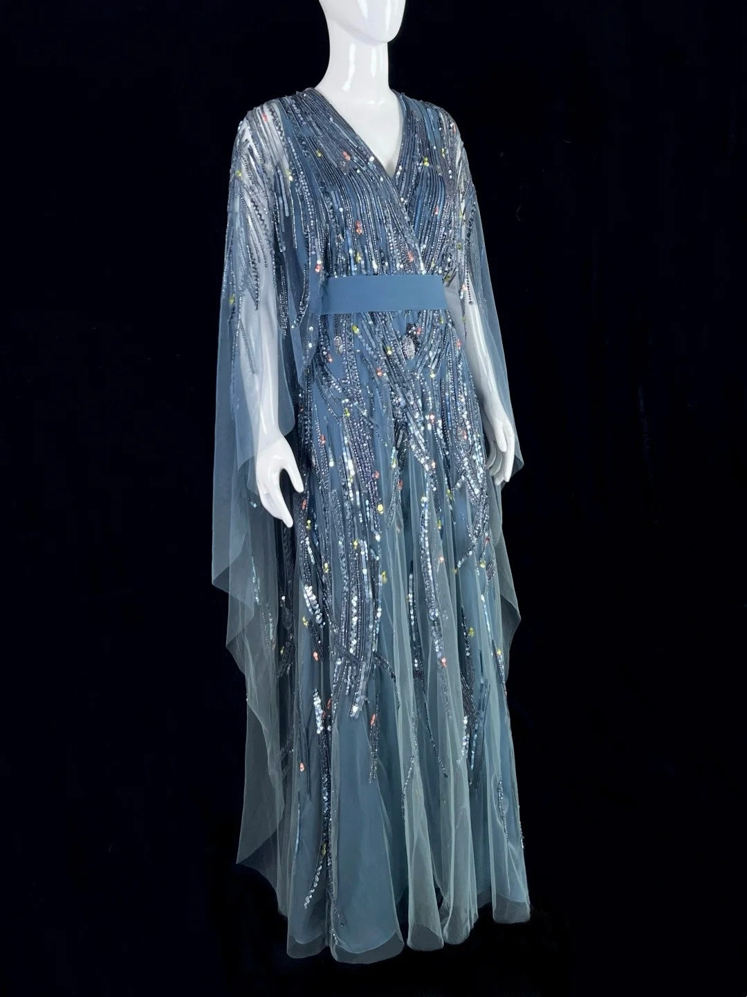 Sweet V Neck Long Sleeve Blue Prom Dress Sequins Tulle A-Line Evening Dress CY0055