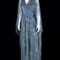 Sweet V Neck Long Sleeve Blue Prom Dress Sequins Tulle A-Line Evening Dress CY0055