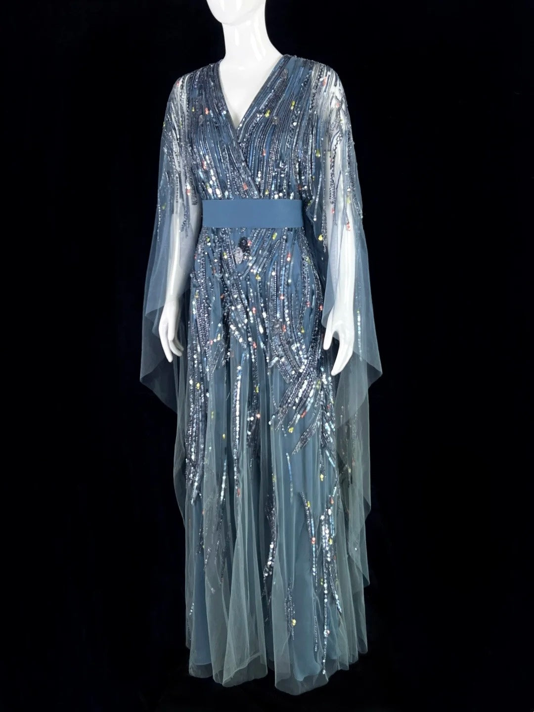 Sweet V Neck Long Sleeve Blue Prom Dress Sequins Tulle A-Line Evening Dress CY0055