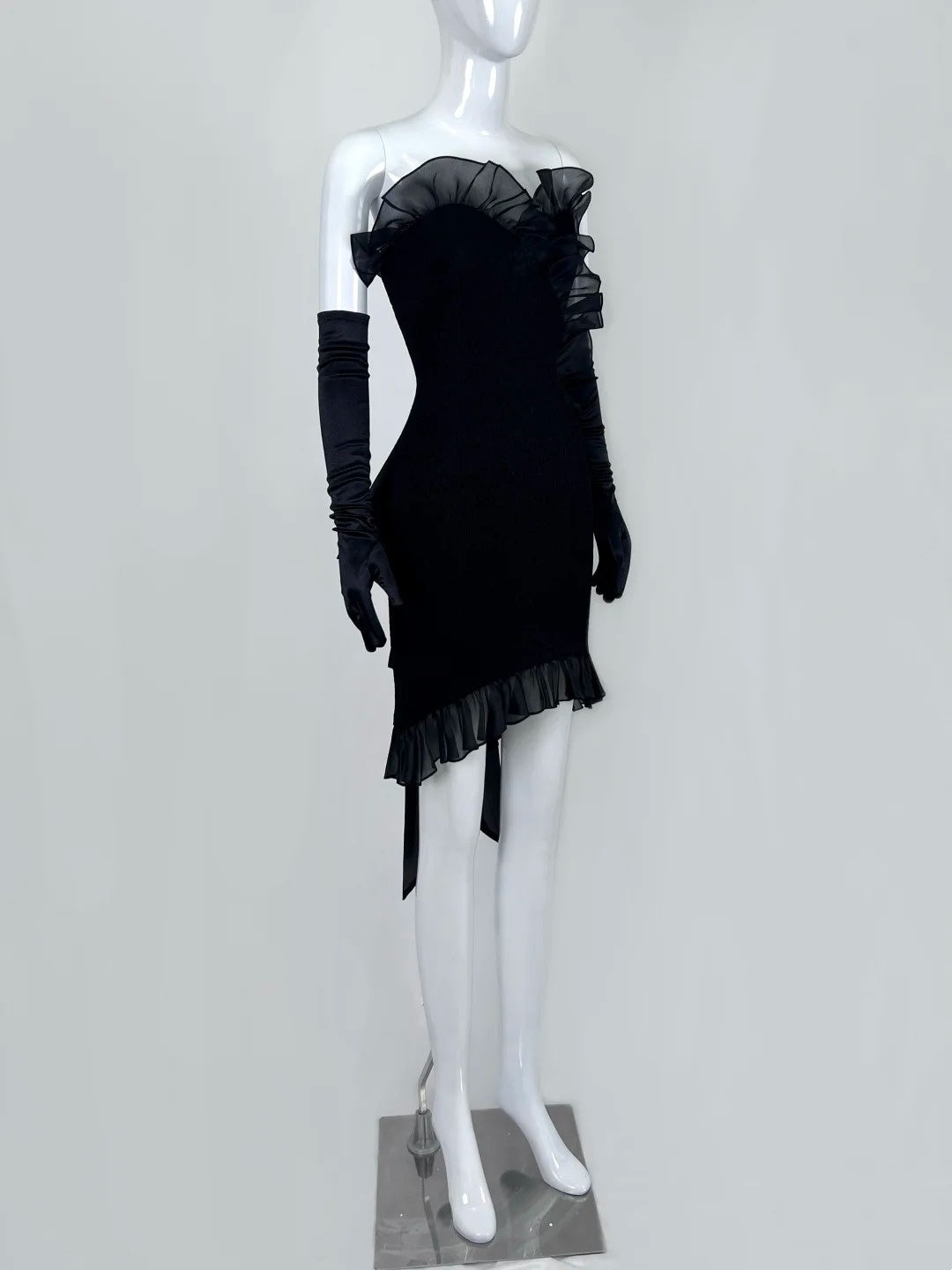 Gothic Strapless Sheath Black Homecoming Dress With Sleeve Bow Ruffles Sheath Short Dress CY0056