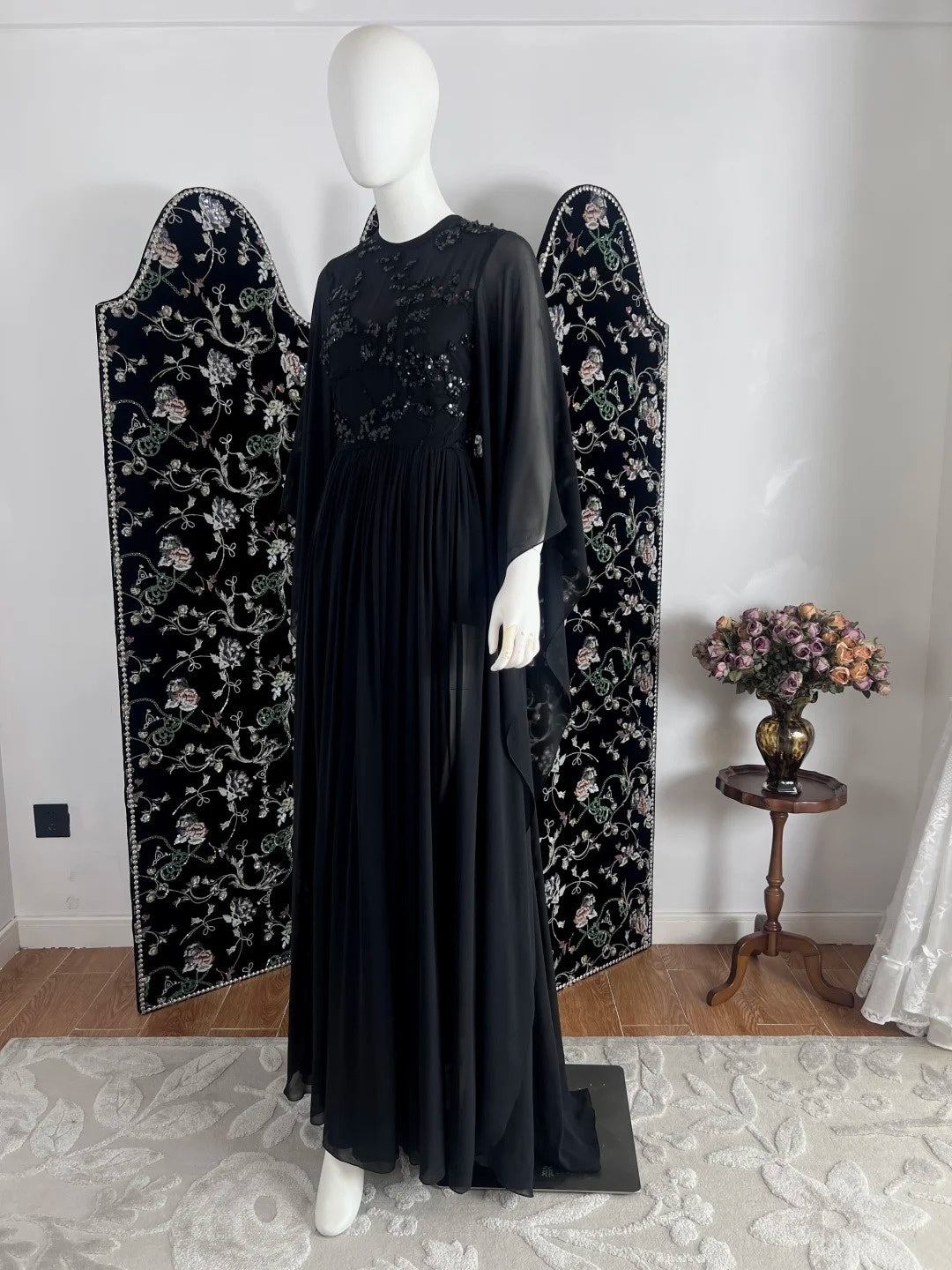 Gothic Jewel Neck Black Prom Dress Sequins Long Sleeve A-Line Evening Dress CY0069