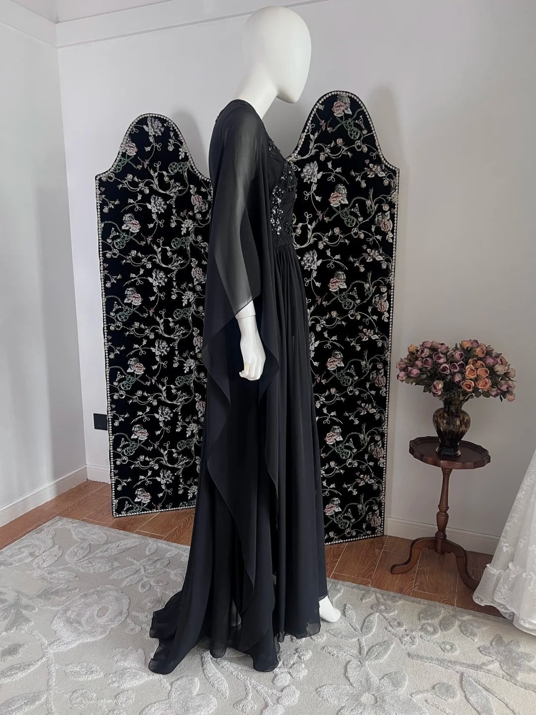 Gothic Jewel Neck Black Prom Dress Sequins Long Sleeve A-Line Evening Dress CY0069