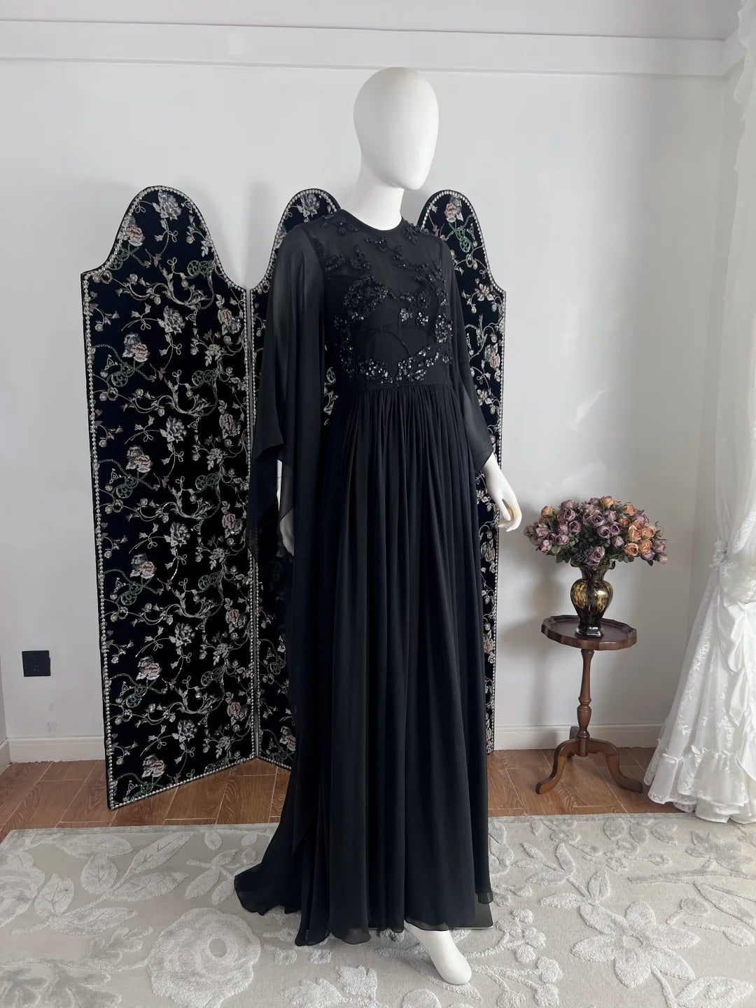Gothic Jewel Neck Black Prom Dress Sequins Long Sleeve A-Line Evening Dress CY0069