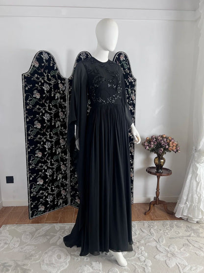 Gothic Jewel Neck Black Prom Dress Sequins Long Sleeve A-Line Evening Dress CY0069