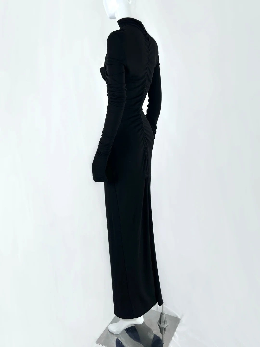 Gorgeous High Collar Black Prom Dress Long Sleeve Cutout Sheath Evening Dress CY0073
