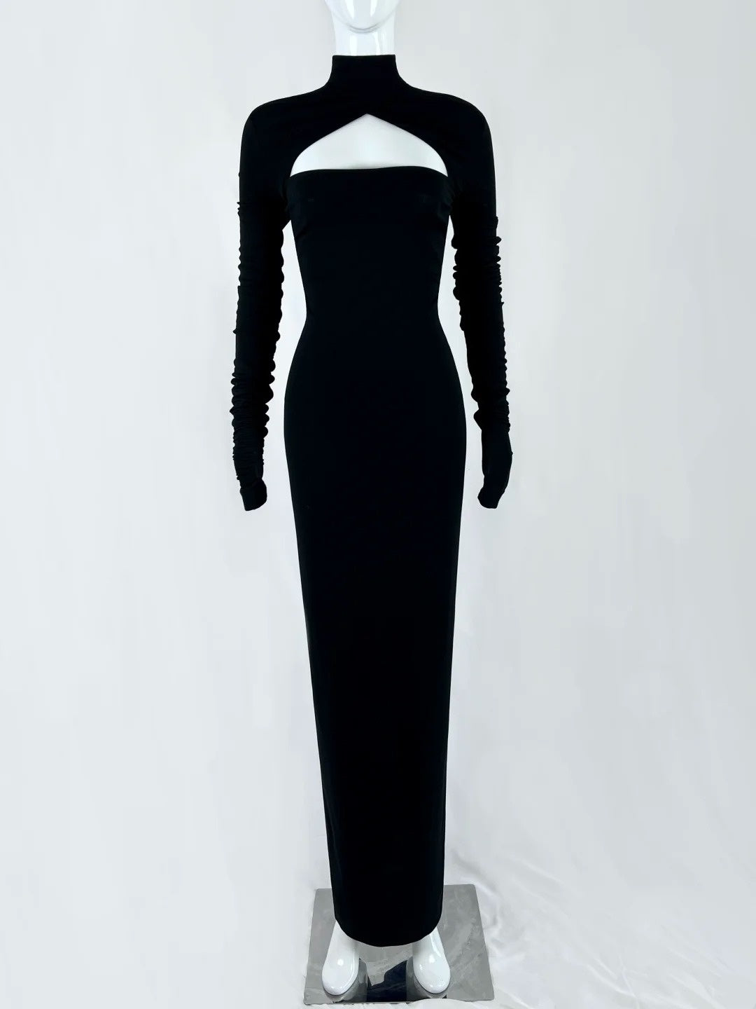 Gorgeous High Collar Black Prom Dress Long Sleeve Cutout Sheath Evening Dress CY0073