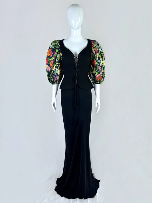 Boho-Style Sweetheart Neck Black Prom Dress Long Sleeve Bodice Mermaid Evening Dress CY0074