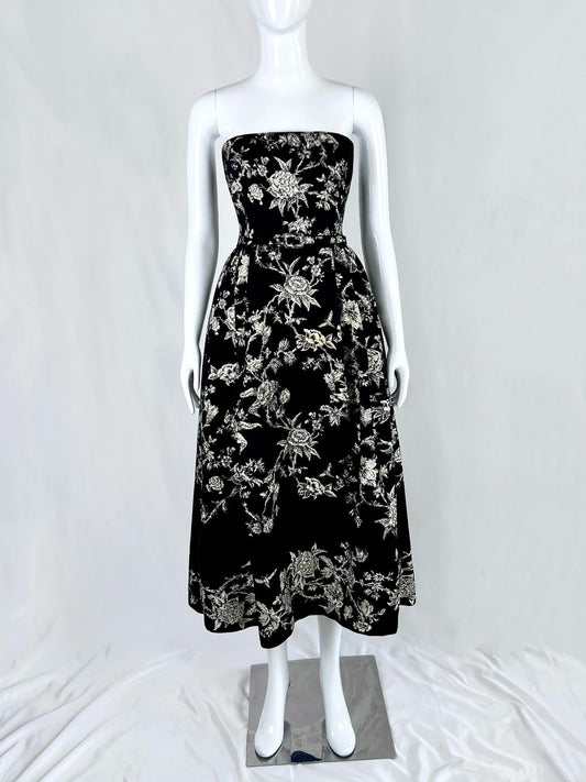 Glamorous Strapless Black Prom Dress Floral A-Line Evening Dress CY0081
