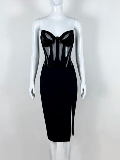 Sleek Strapless Black Homecoming Dress Slit Sheath Short Dress CY0083