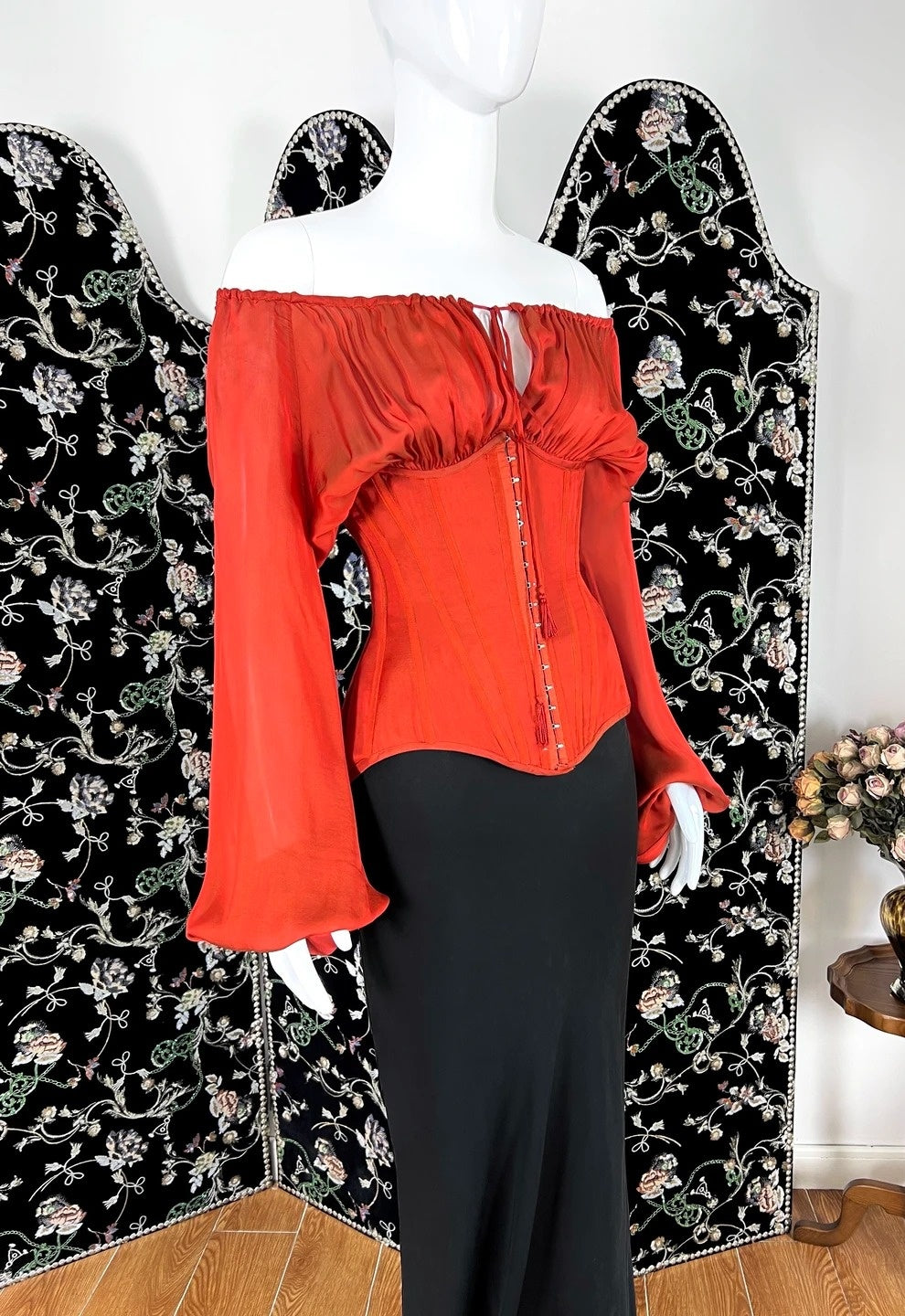 Lovely Off-the-Shoulder Red & Black Prom Dress Long Sleeve Mermaid Formal Dress CY0084