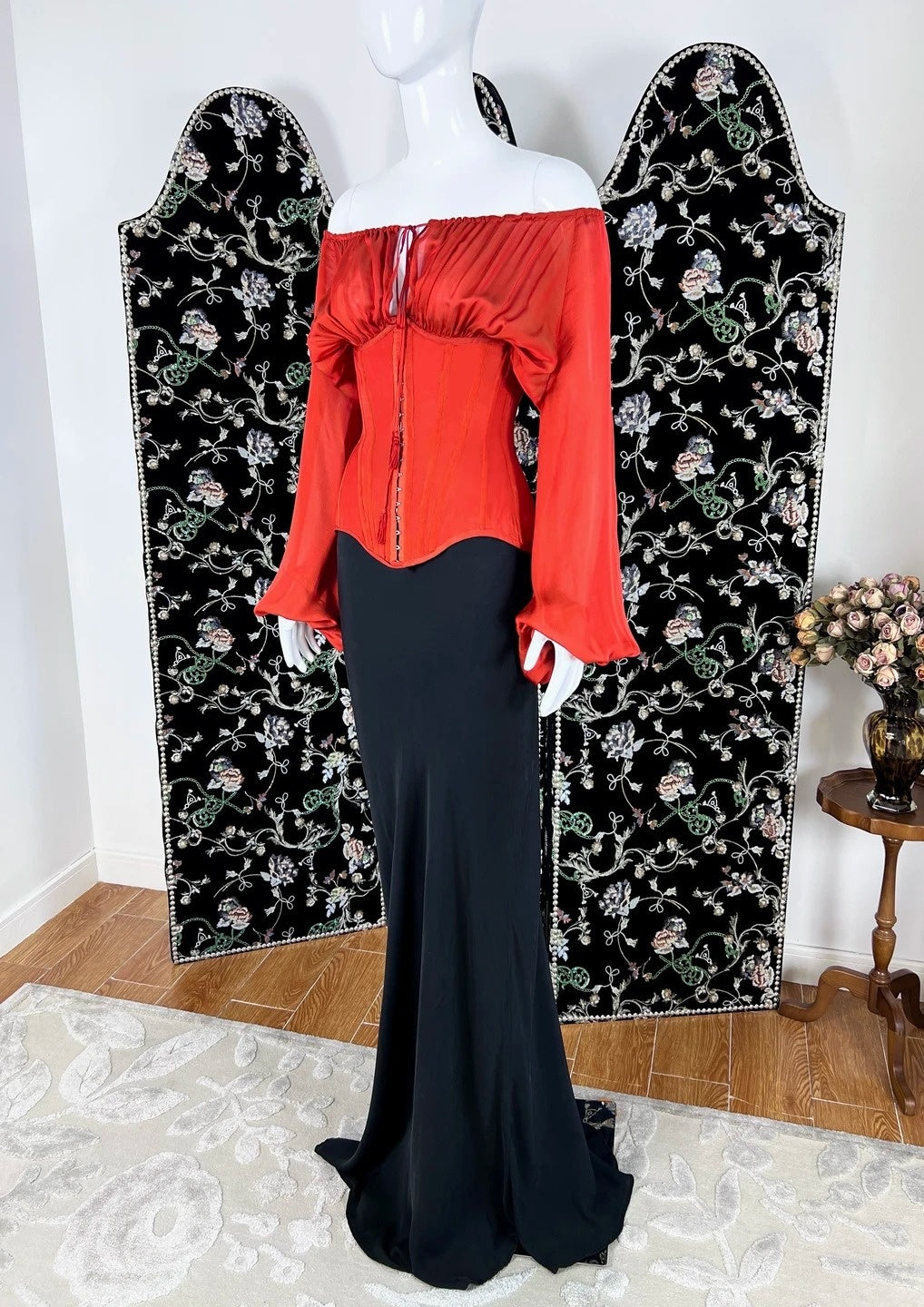 Lovely Off-the-Shoulder Red & Black Prom Dress Long Sleeve Mermaid Formal Dress CY0084