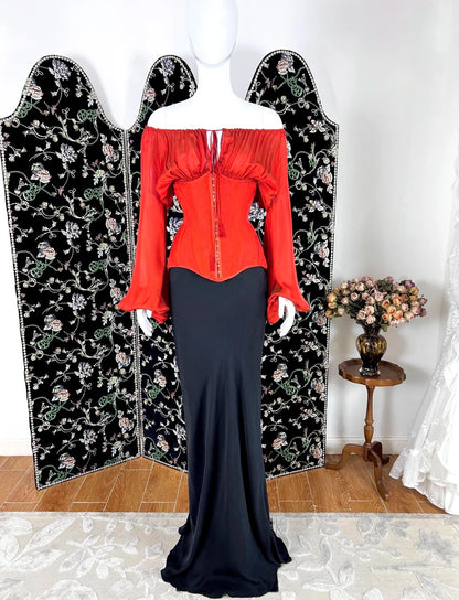 Lovely Off-the-Shoulder Red & Black Prom Dress Long Sleeve Mermaid Formal Dress CY0084