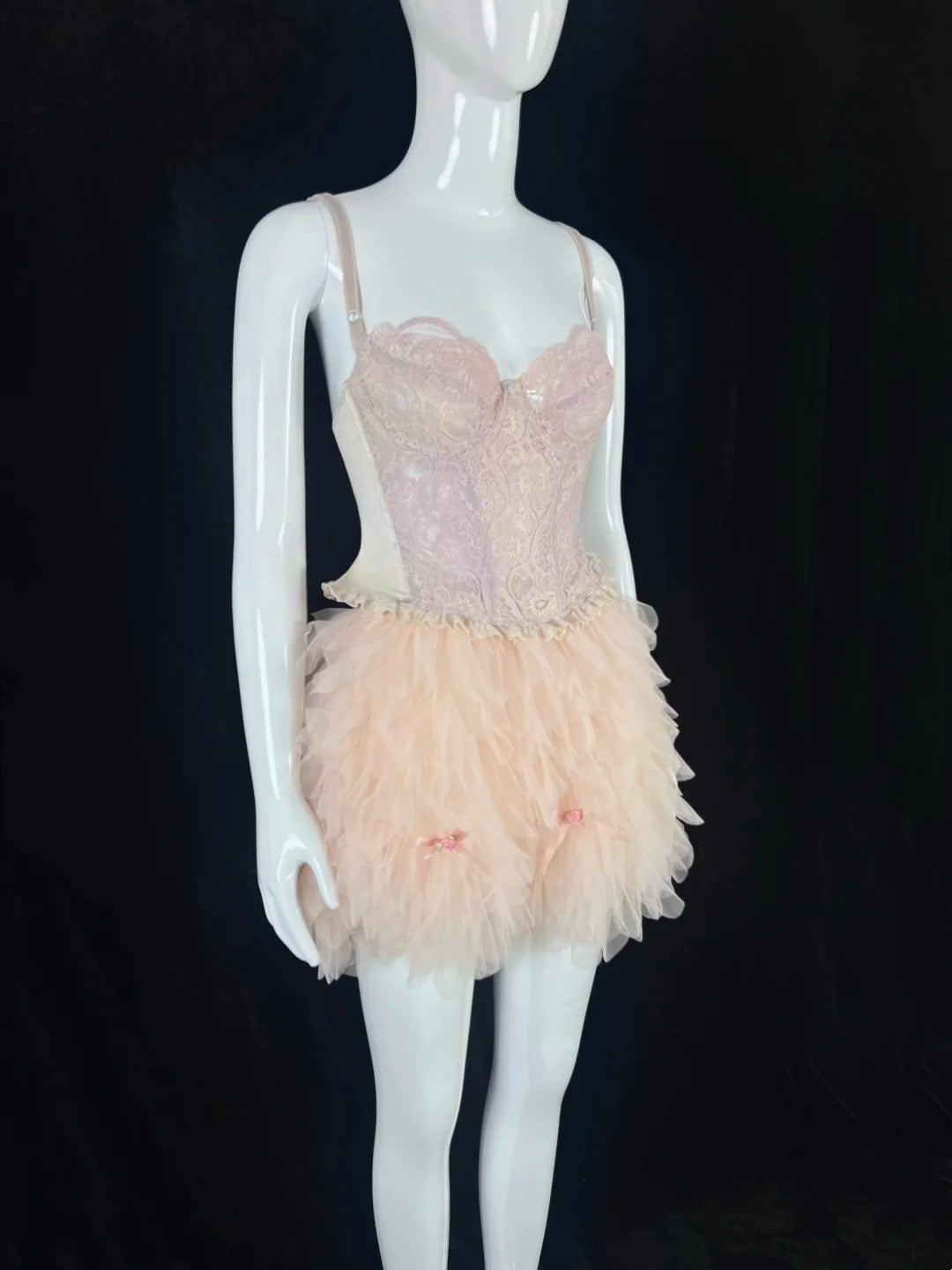 Delicate Spaghetti Straps Blush Pink Homecoming Dress Lace Bows Tulle A-Line Short Dress CY0085