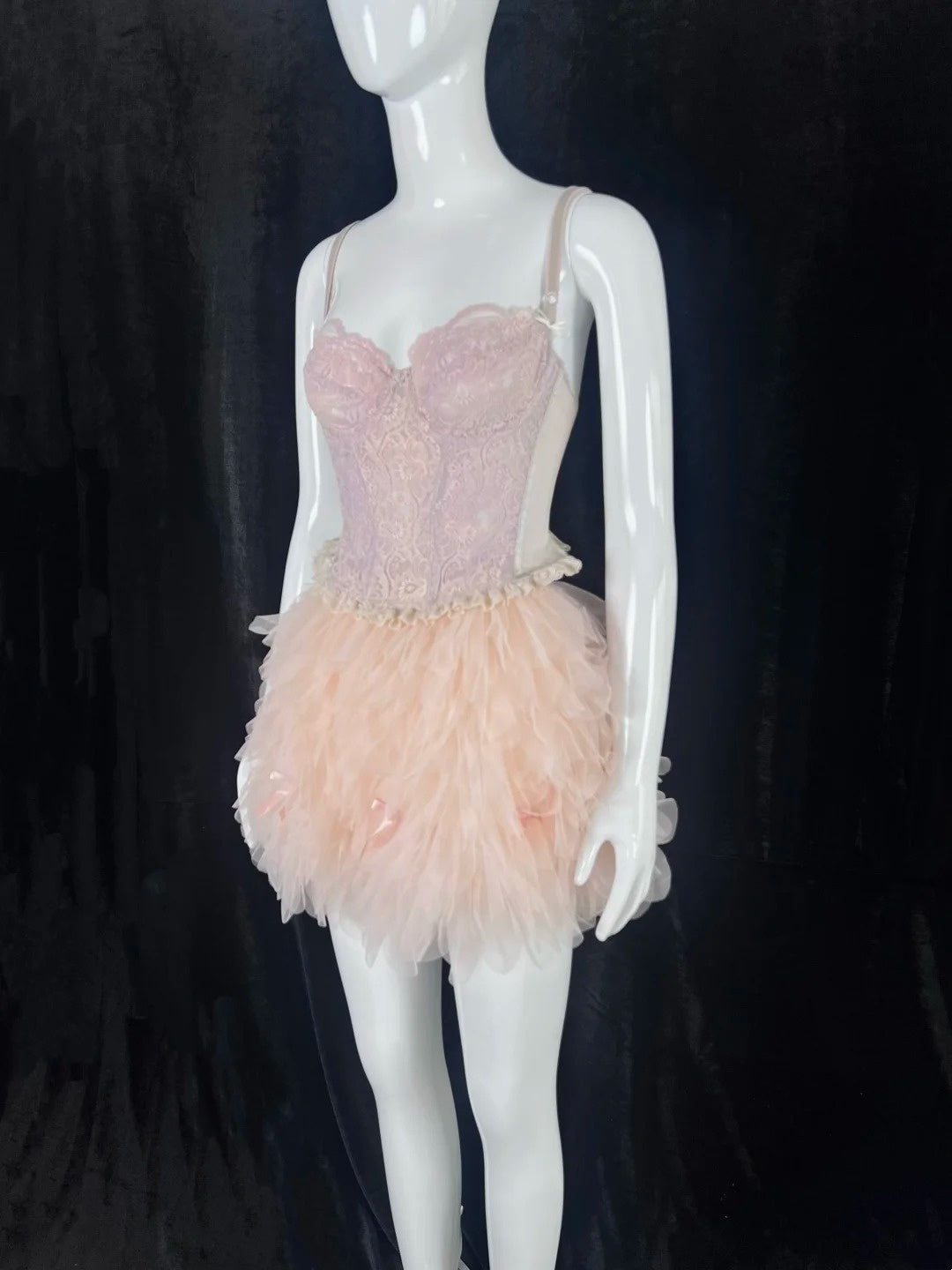 Delicate Spaghetti Straps Blush Pink Homecoming Dress Lace Bows Tulle A-Line Short Dress CY0085