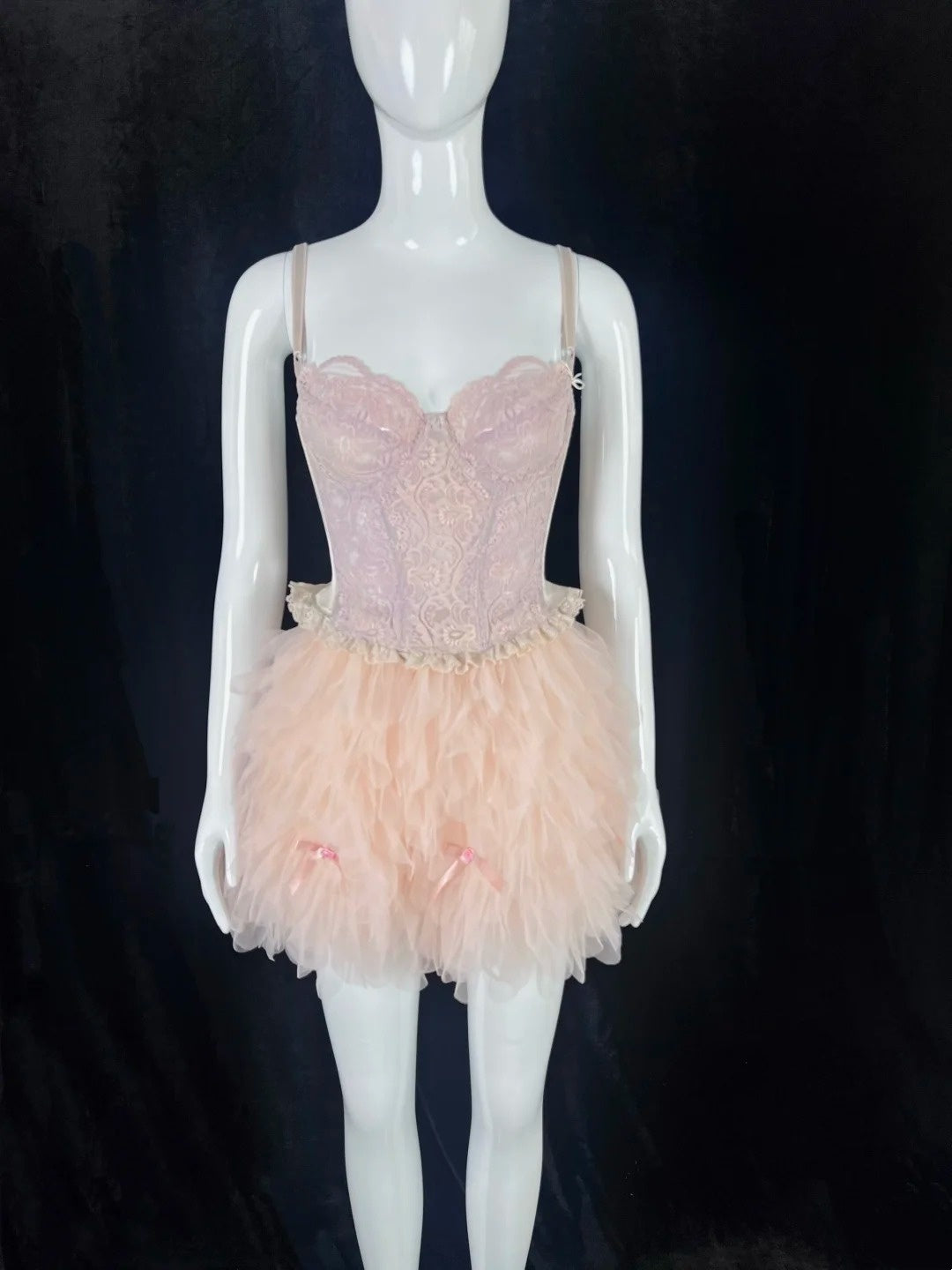 Delicate Spaghetti Straps Blush Pink Homecoming Dress Lace Bows Tulle A-Line Short Dress CY0085