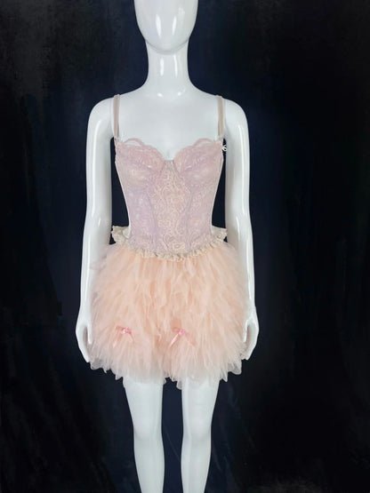 Delicate Spaghetti Straps Blush Pink Homecoming Dress Lace Bows Tulle A-Line Short Dress CY0085