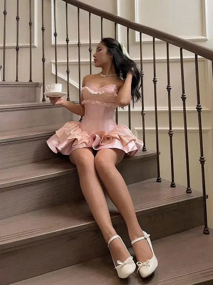 Pink Short Prom Dress with Lace Sweetheart Mini Birthday Party Dress     cg26078