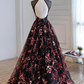 Gorgeous Black Tulle Long Formal Gown, Floral Evening Party Dress Prom Dress    cg12644