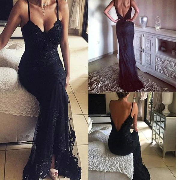 Spaghetti Straps Appliques Backless Sheath Prom Dresses    cg15645