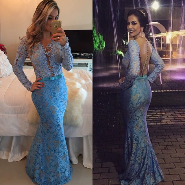 Prom Blue Fit To Flare Long Sleeves Floor Evening Dress  cg7696