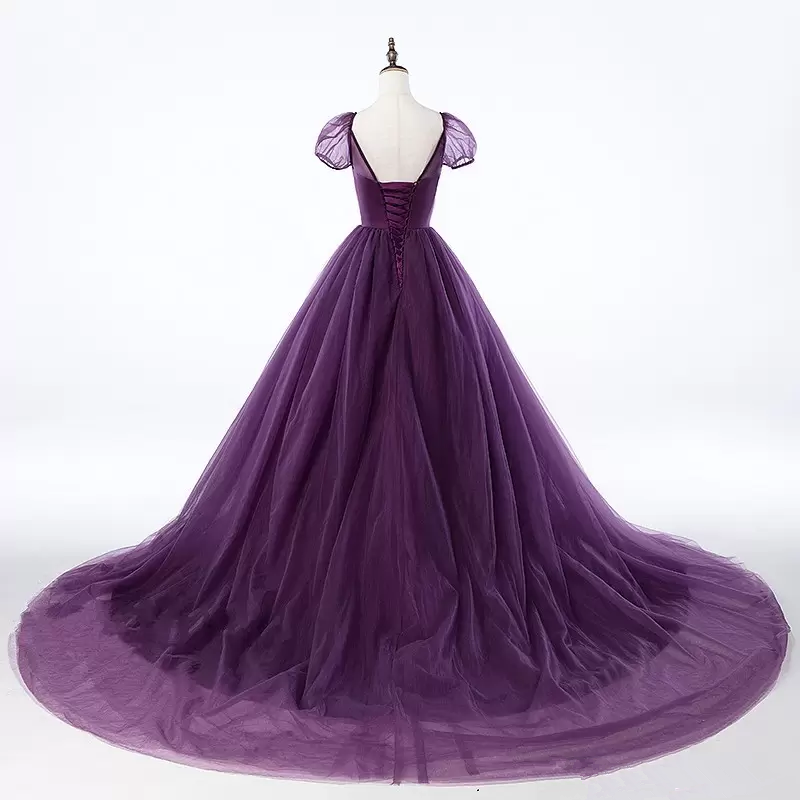 Purple Ball Gown Tulle Short Sleeve Backless Train Prom Dress   cg10707