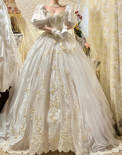 Satin Retro Pearls Wedding Dress Elegant 90s Vintage Prom Dress cg26304