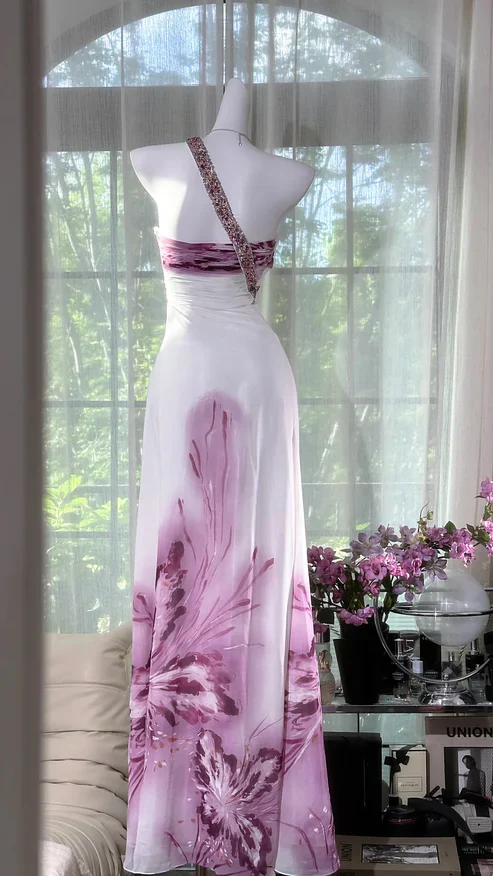 A Line One Shoulder Chiffon Sequin Printed Butterfly Long Prom Dress, Evening Dress  cg26191